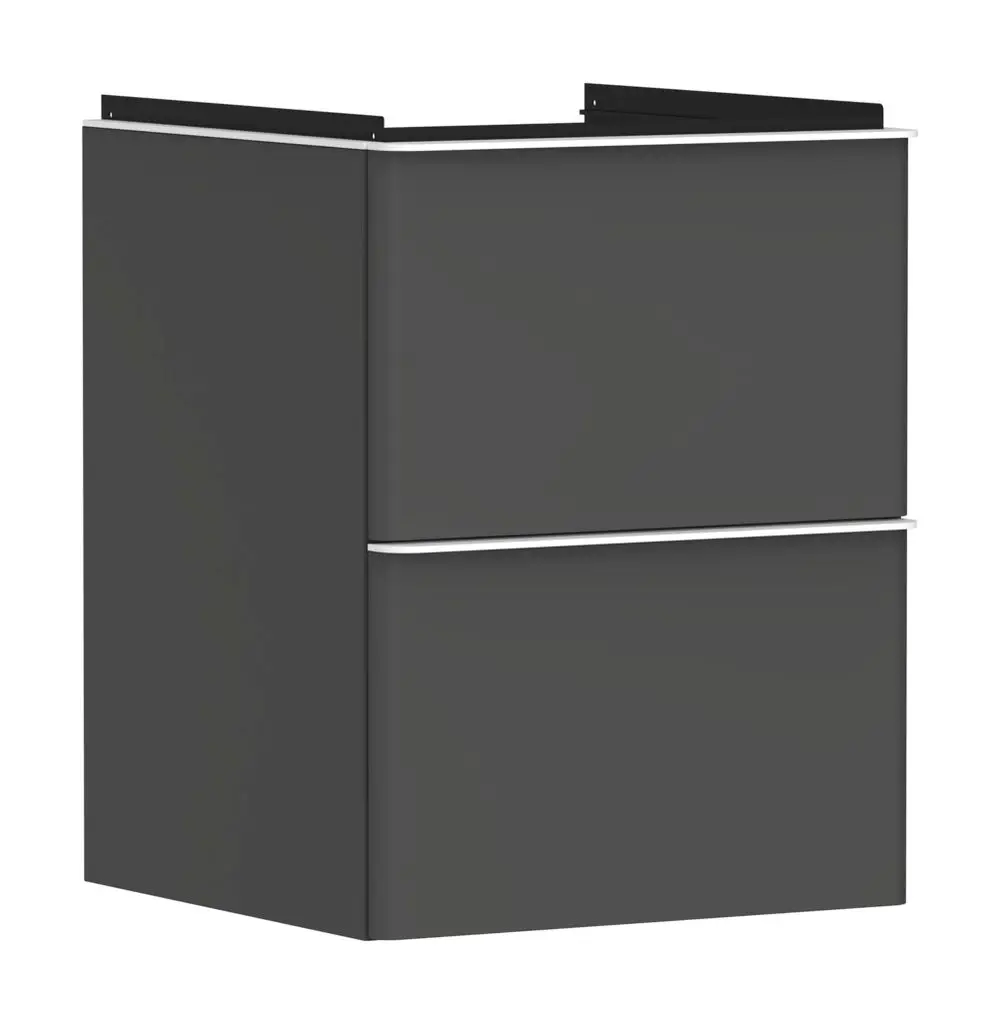 Waschtischunterschrank in diamantgrau mit zwei Schubkästen von Hansgrohe, geeignet für Handwaschbecken. Moderne, minimalistische Formgebung.